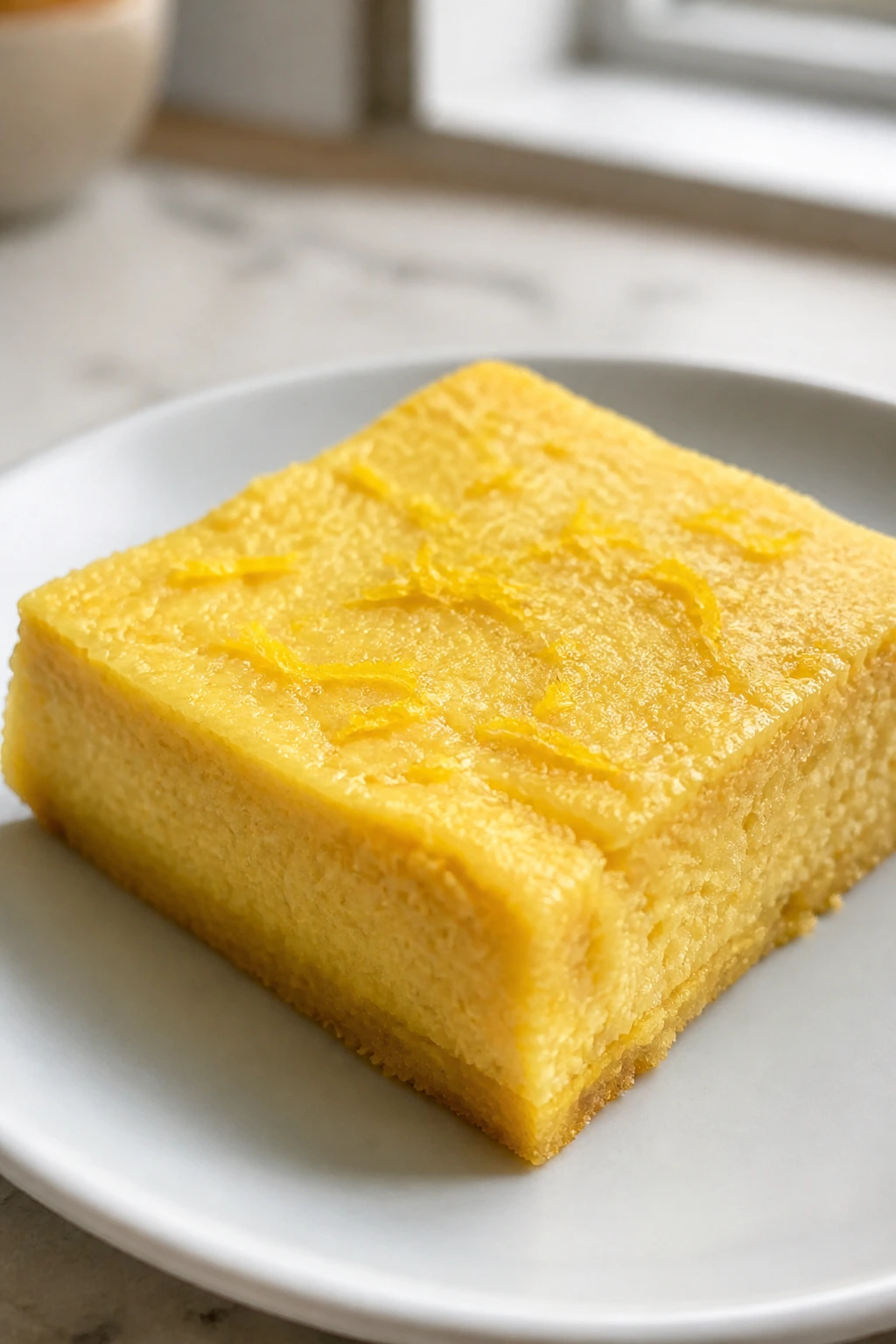 Bright lemon protein bar square on pale plate