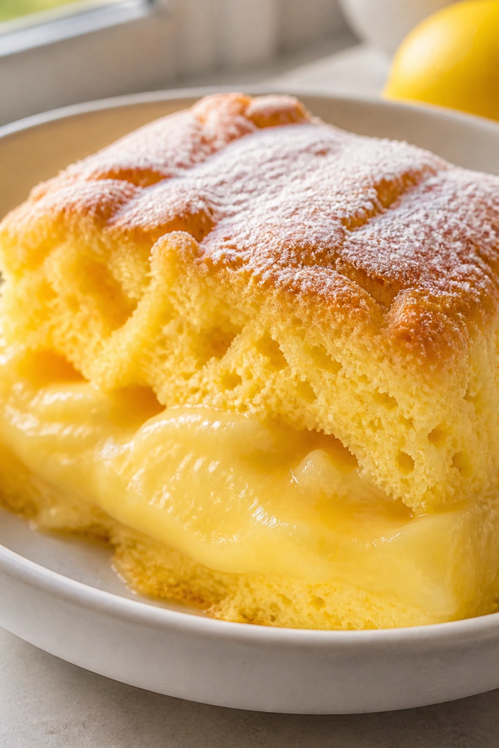 Close-up of lemon pudding cake in a bowl