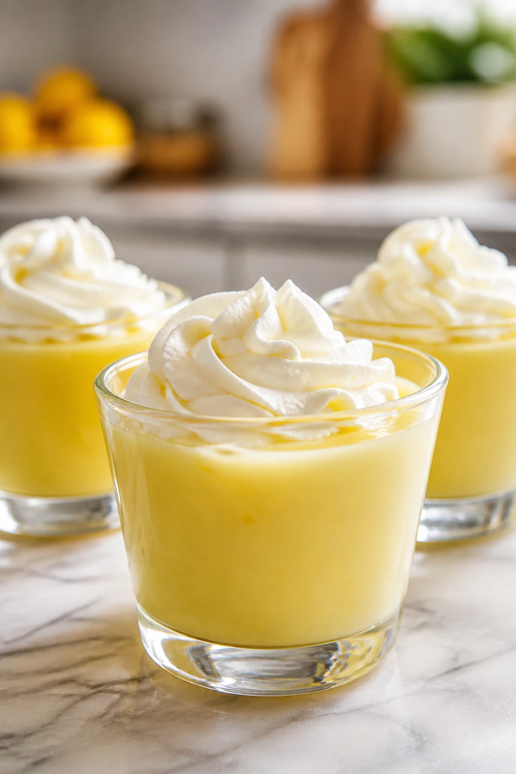 Close-up of lemon pudding cups in small glass dessert cups.