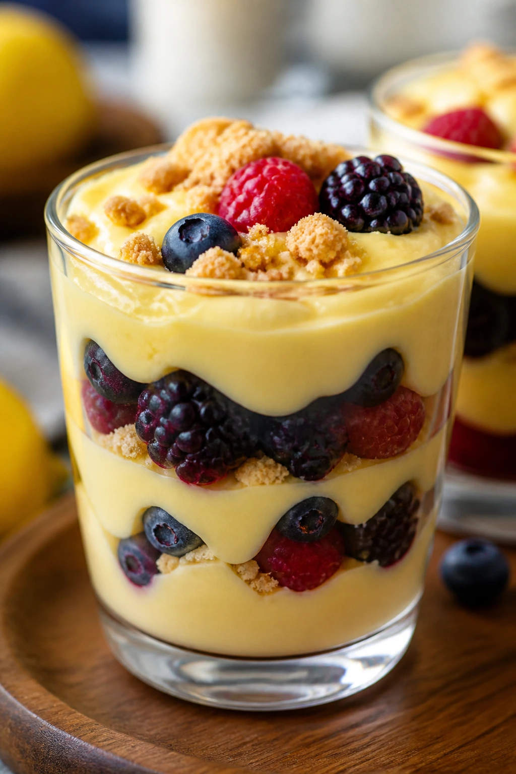 Clear cup with lemon pudding and berries on a wooden tray
