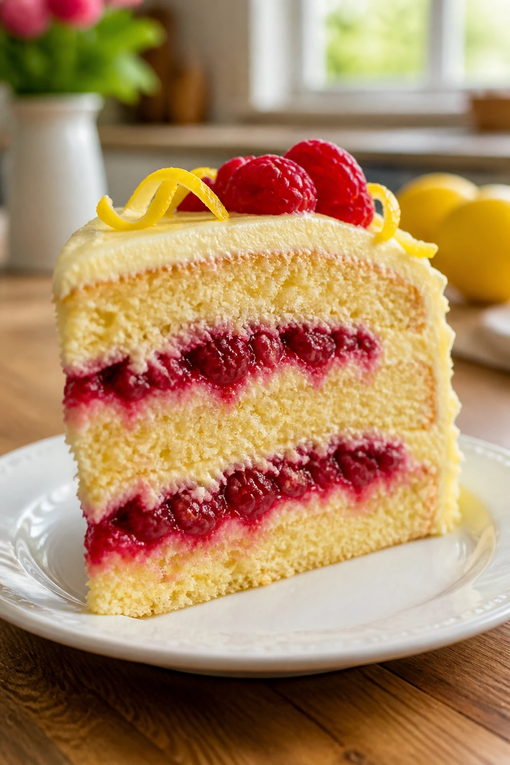 Close-up of lemon raspberry layer cake slice on plate in a sunny kitchen