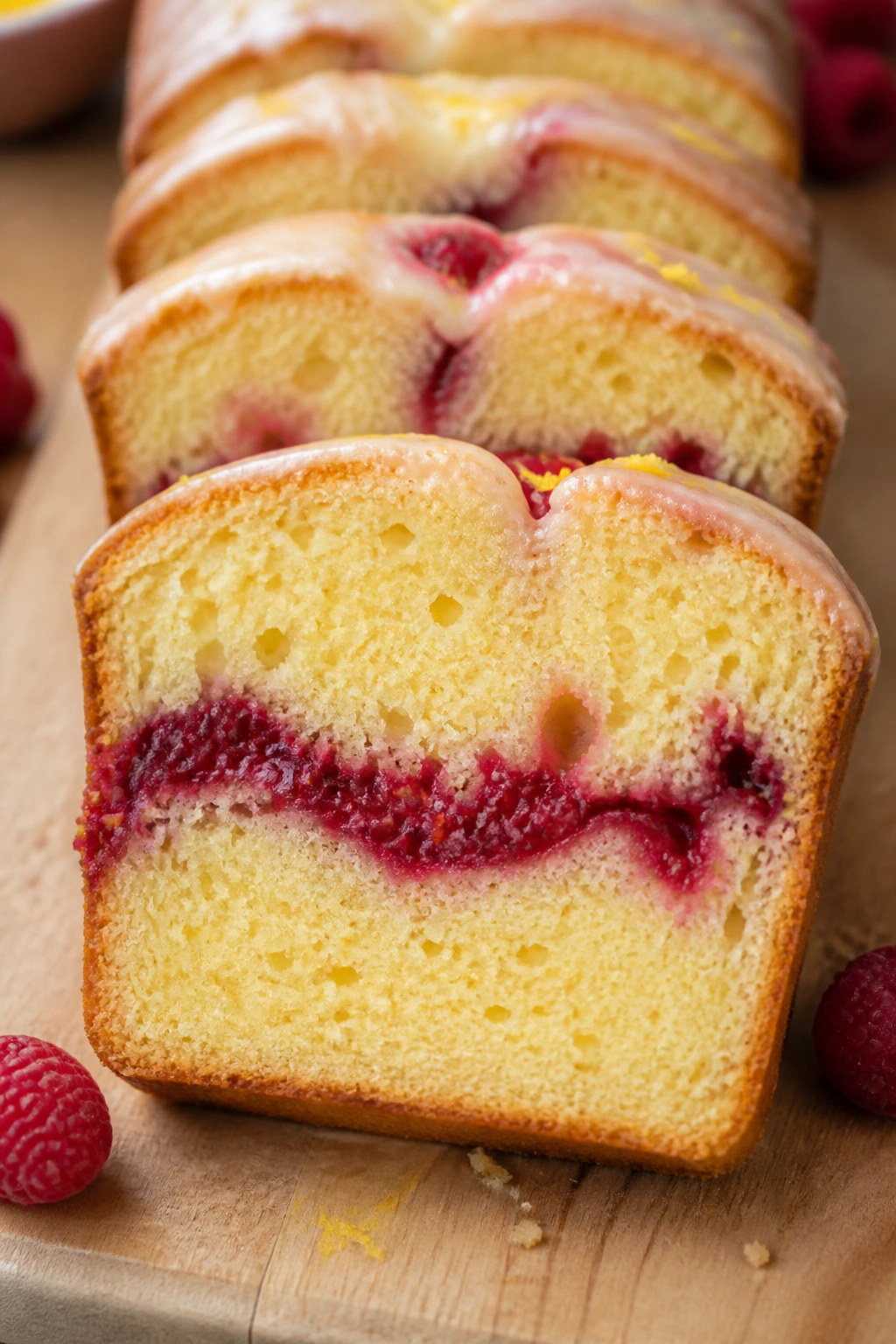 Slice of lemon raspberry loaf with lemon crumb and raspberry ribbon
