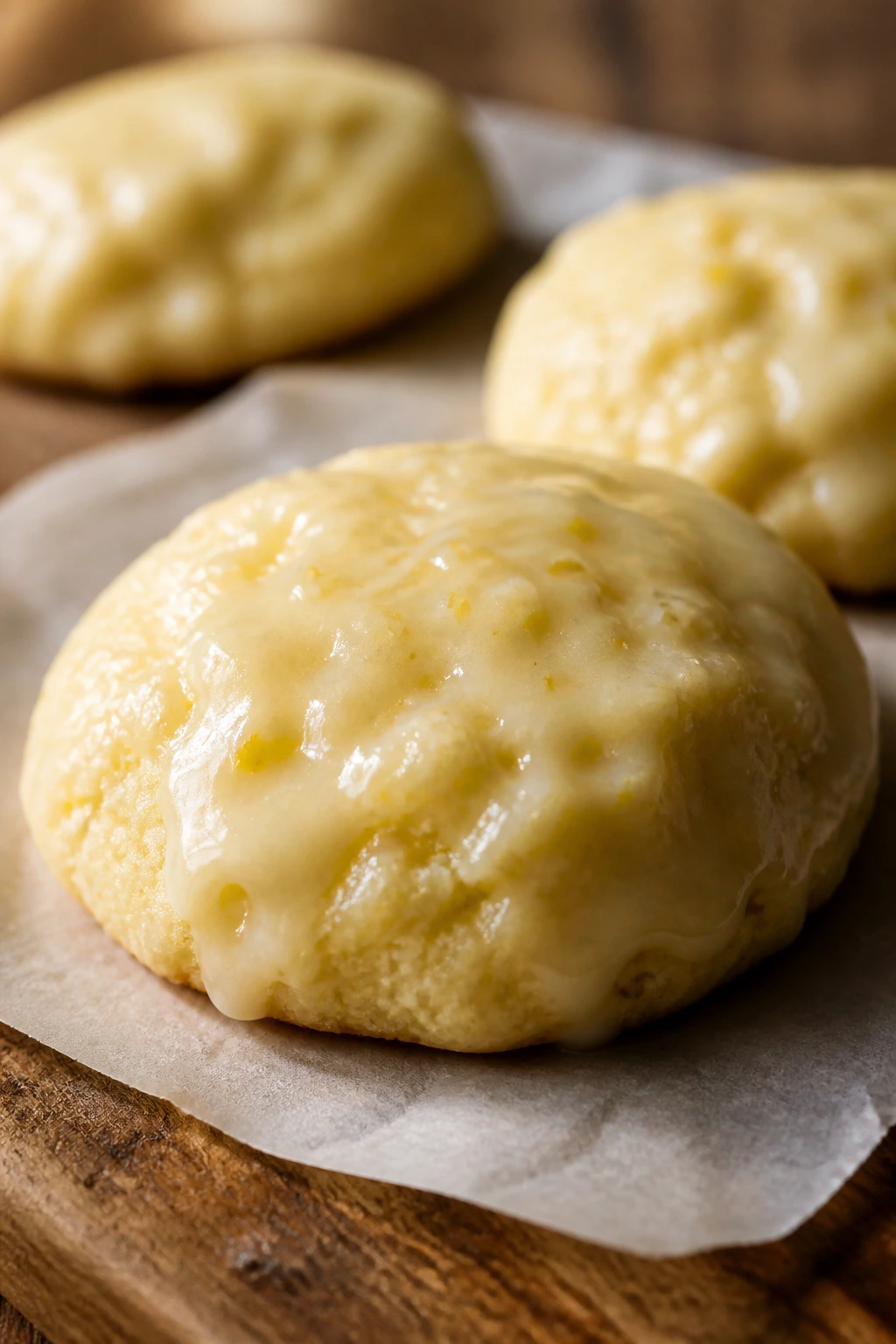 Pale lemon ricotta cookie with bright glaze on parchment