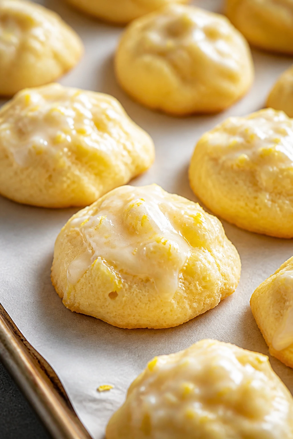 Lemon ricotta drop cookies with glaze on parchment