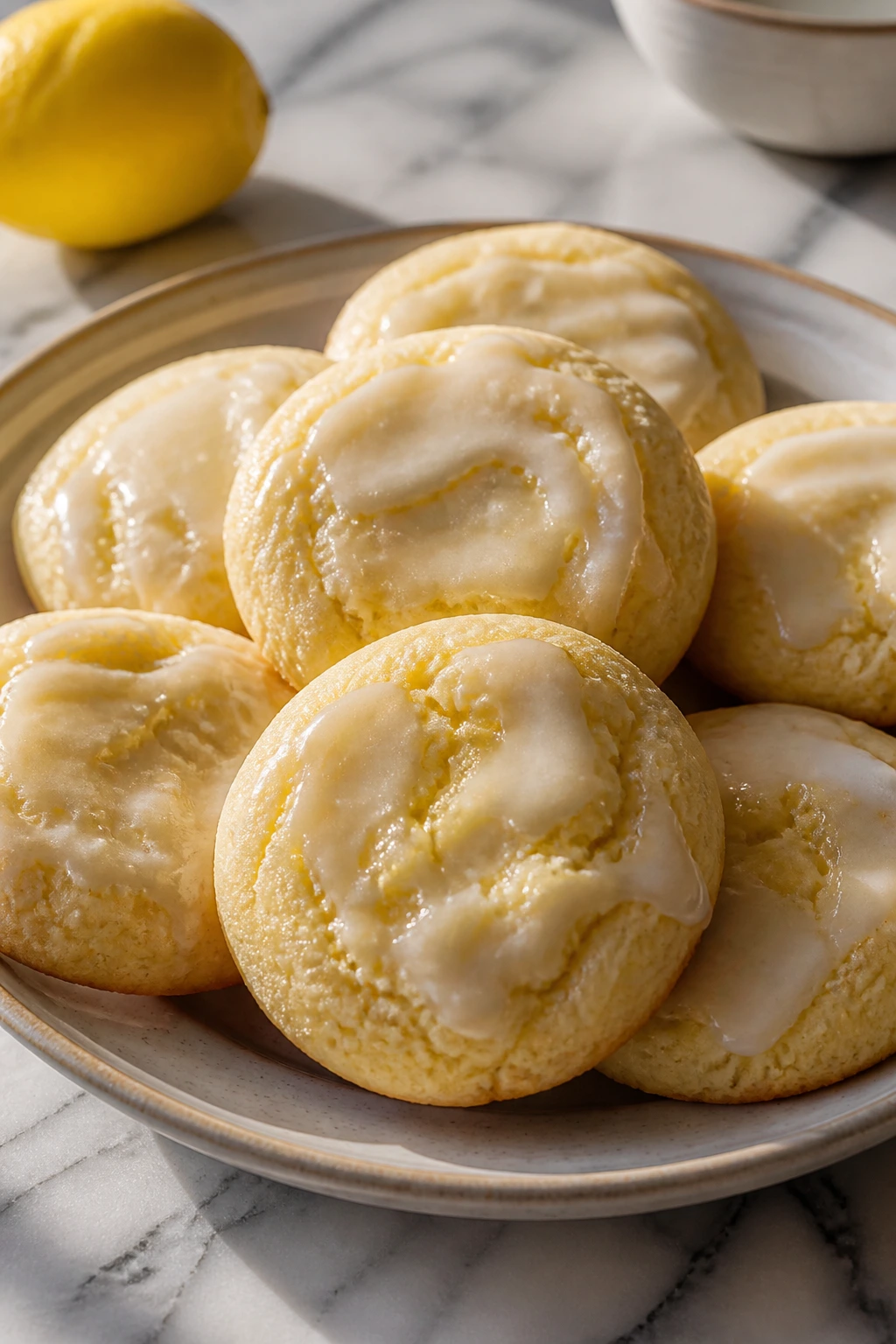 Close-up of lemon ricotta cookies with a thin glaze on a light plate