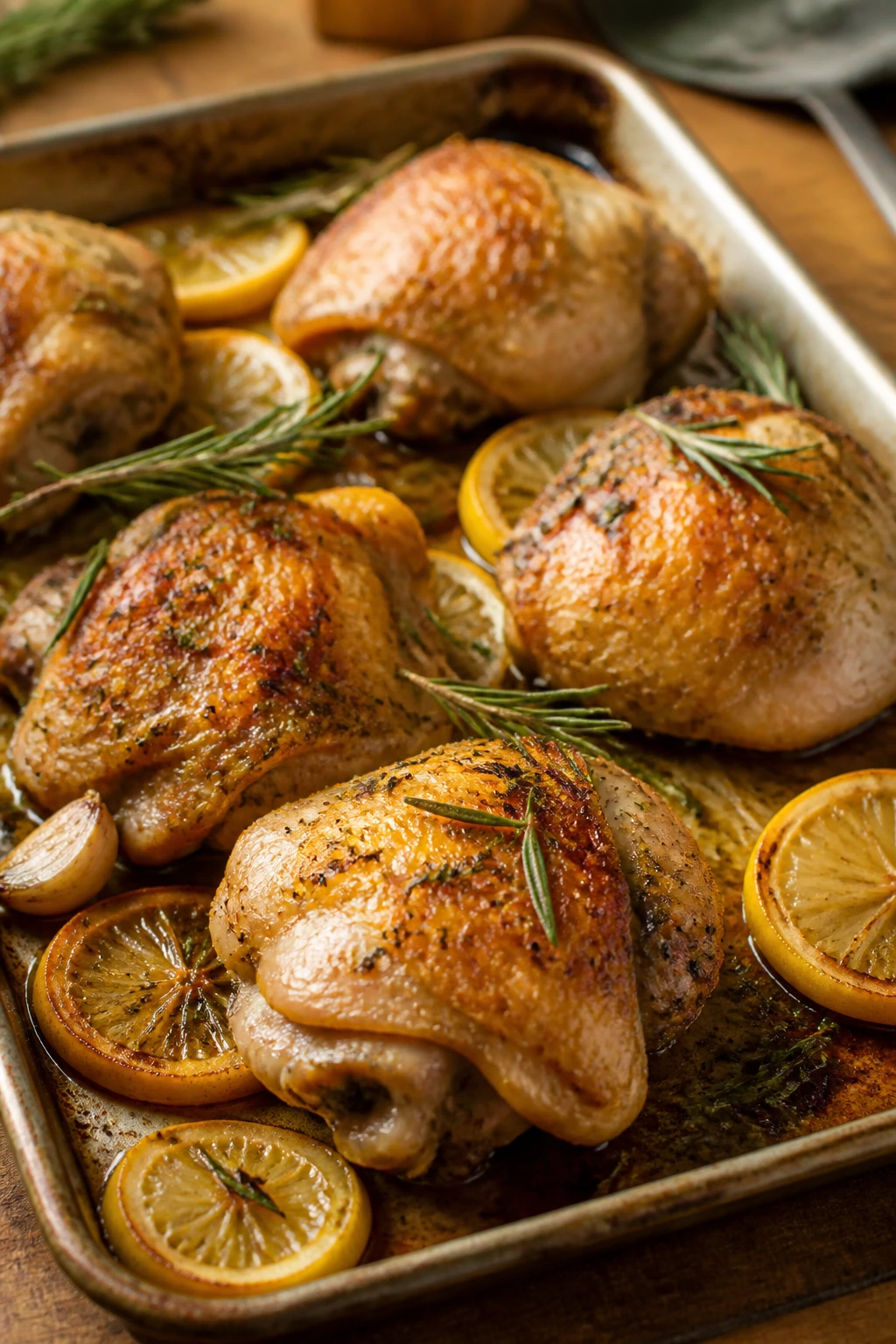 Close-up of lemon-rosemary roast chicken on a baking sheet