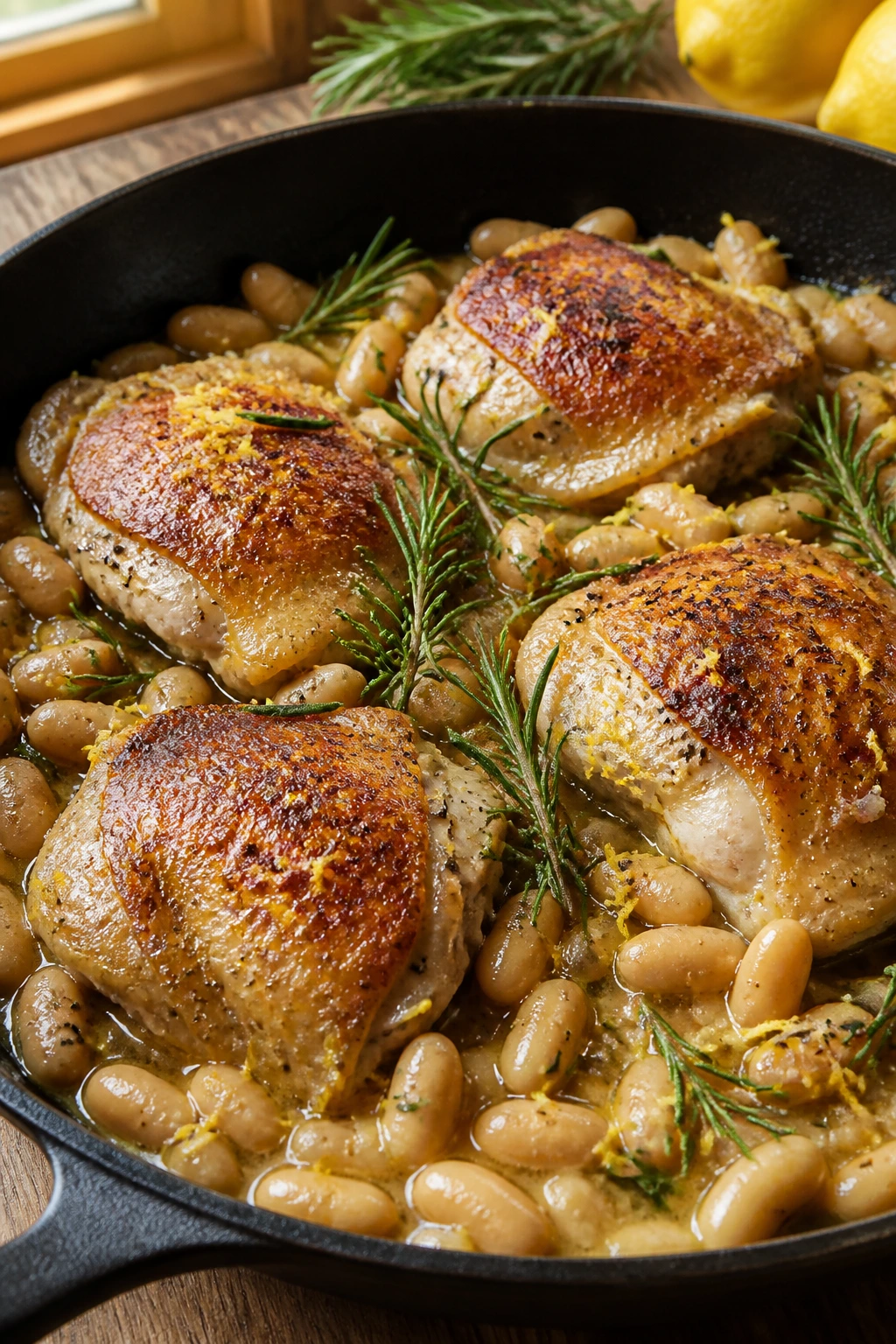Close-up of lemon-rosemary skillet chicken with cannellini beans