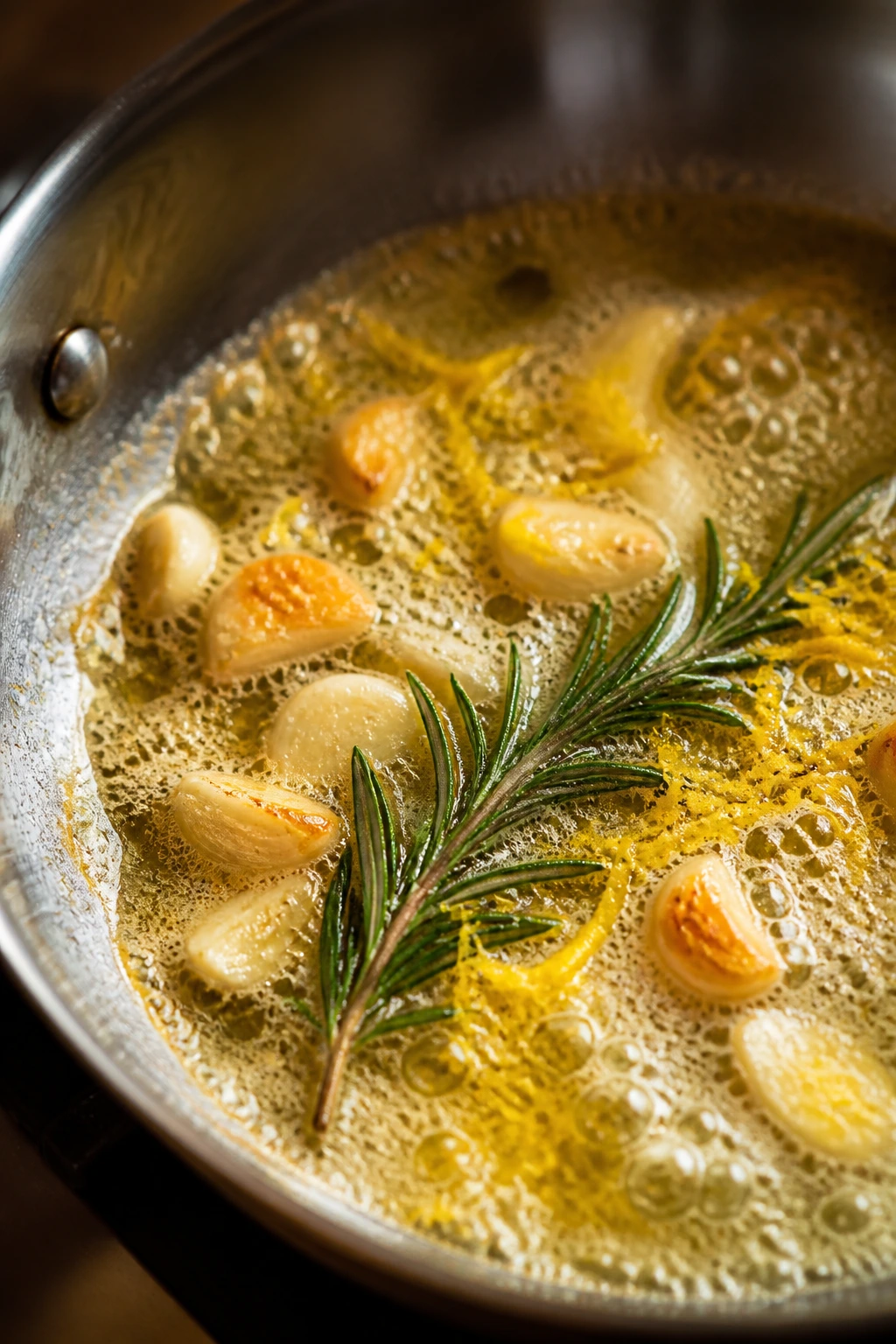 Close-up of lemon zest and rosemary in roasted garlic butter on a pan