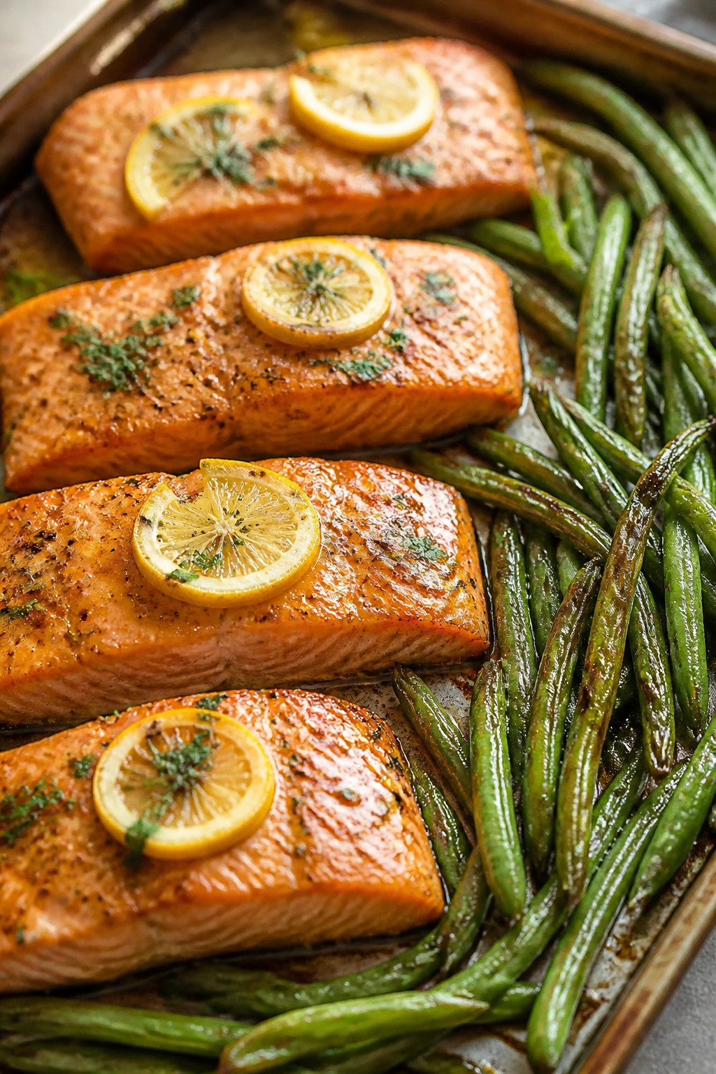 Sheet-pan lemon salmon with green beans in a bright kitchen