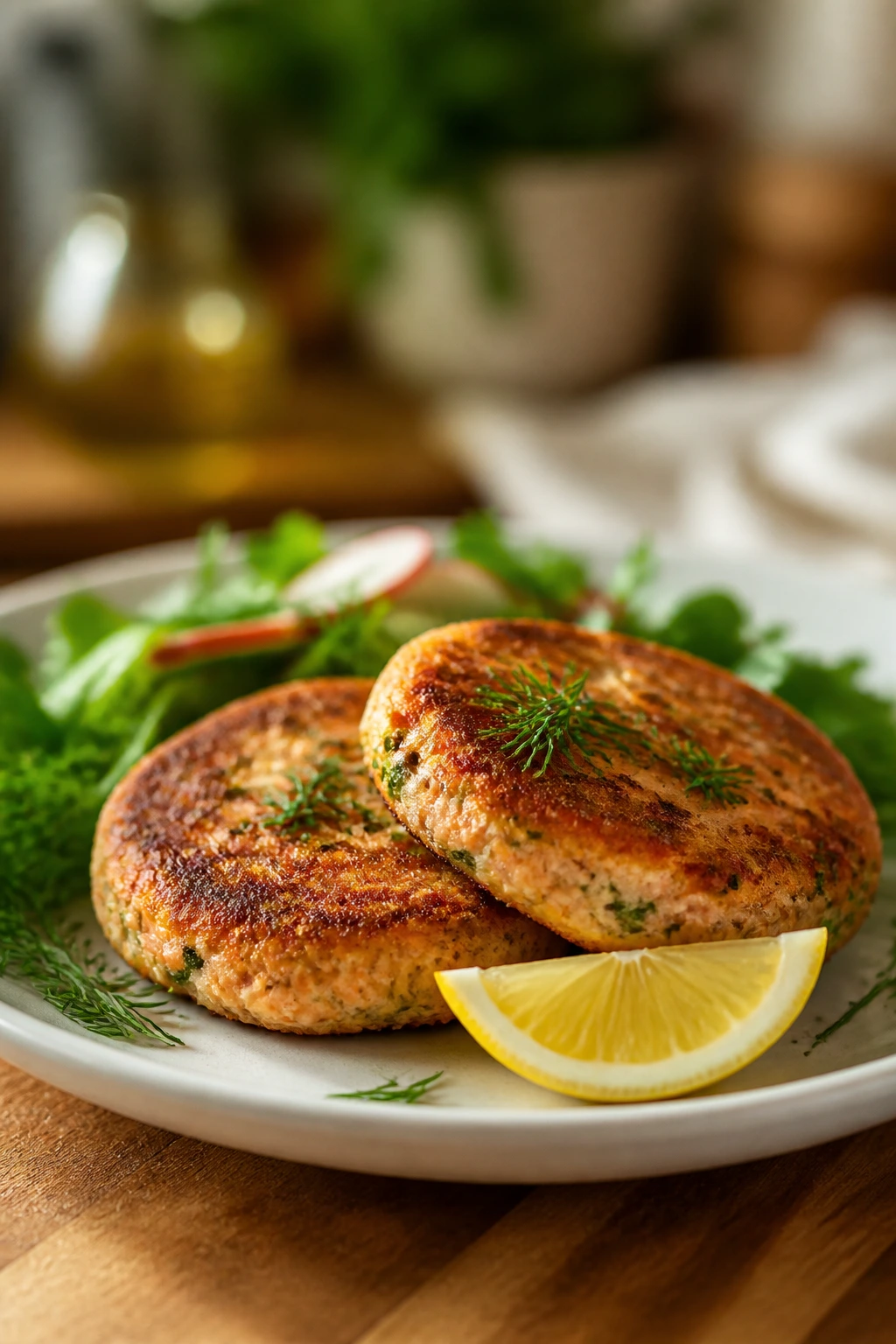 Close-up of salmon patty plate with lemon and herbs on a warm kitchen counter