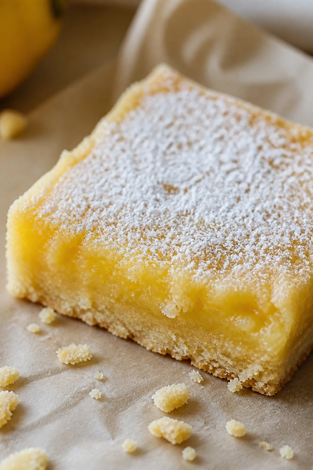 Close-up of a lemon shortbread bar on parchment with powdered sugar.