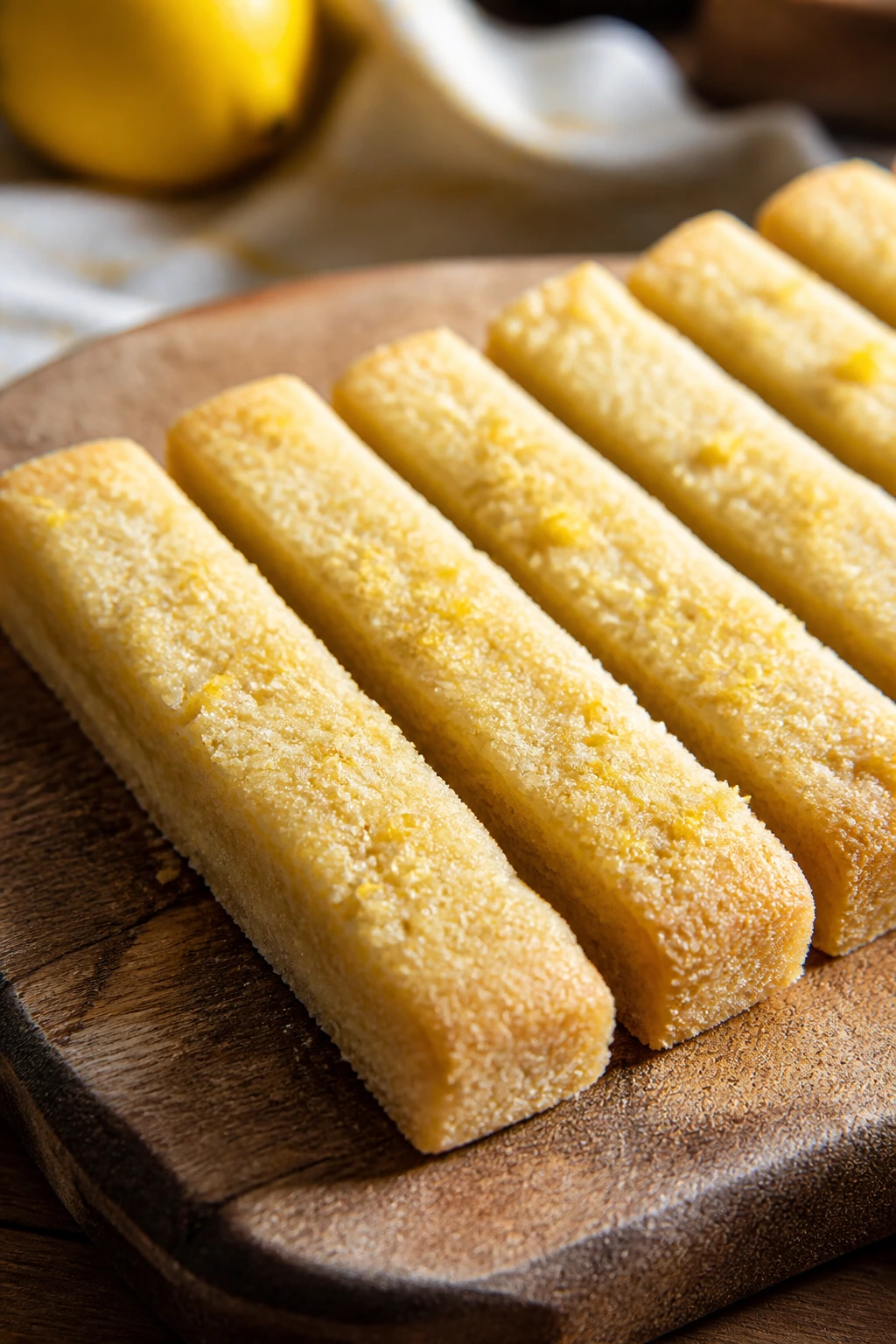 Lemon shortbread fingers on wooden board