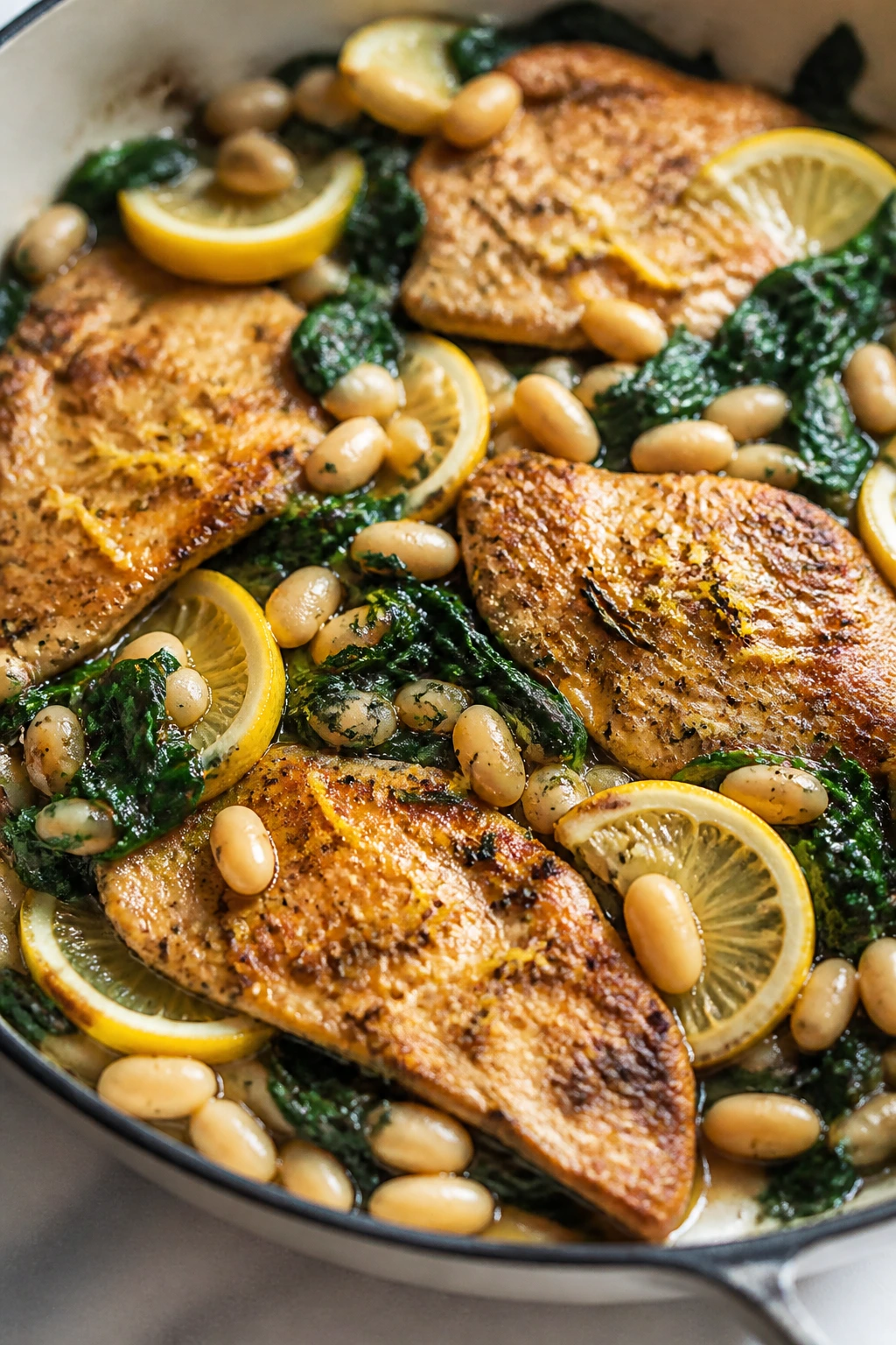 Bright plate of lemon, spinach, and white beans with chicken