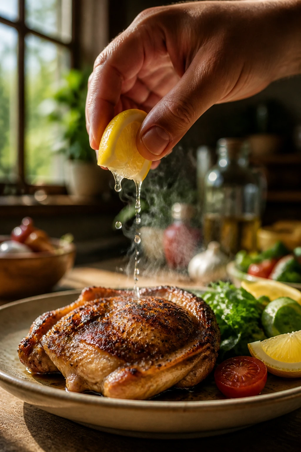 Hand squeezing lemon over juicy grilled chicken thigh on plate