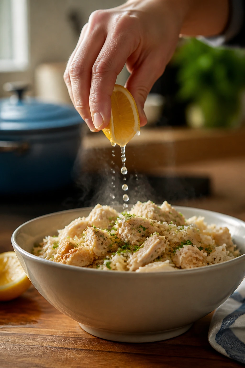 Close-up of a lemon being squeezed over a chicken and rice bowl showing finishing flavor move