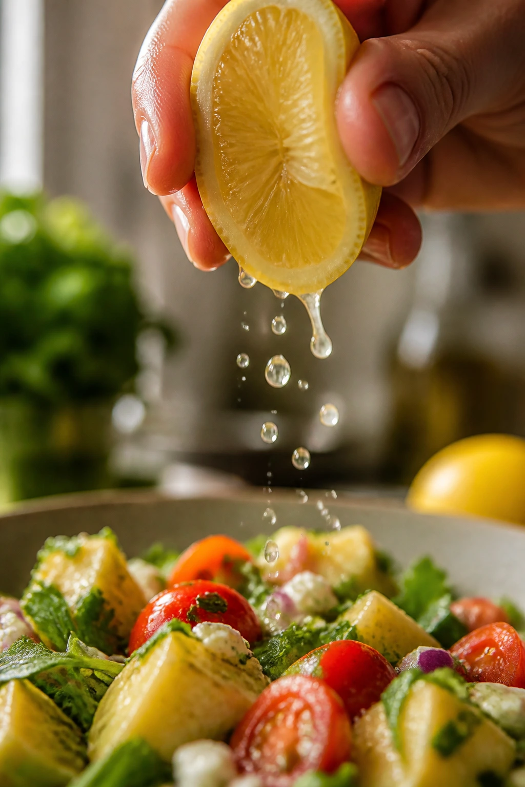Lemon wedge being squeezed with juice droplets in a bright kitchen setting
