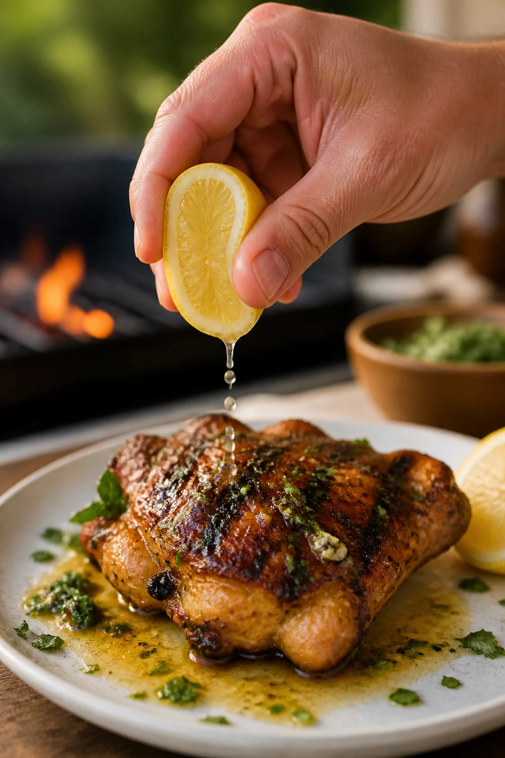 Lemon being squeezed over a grilled chicken thigh