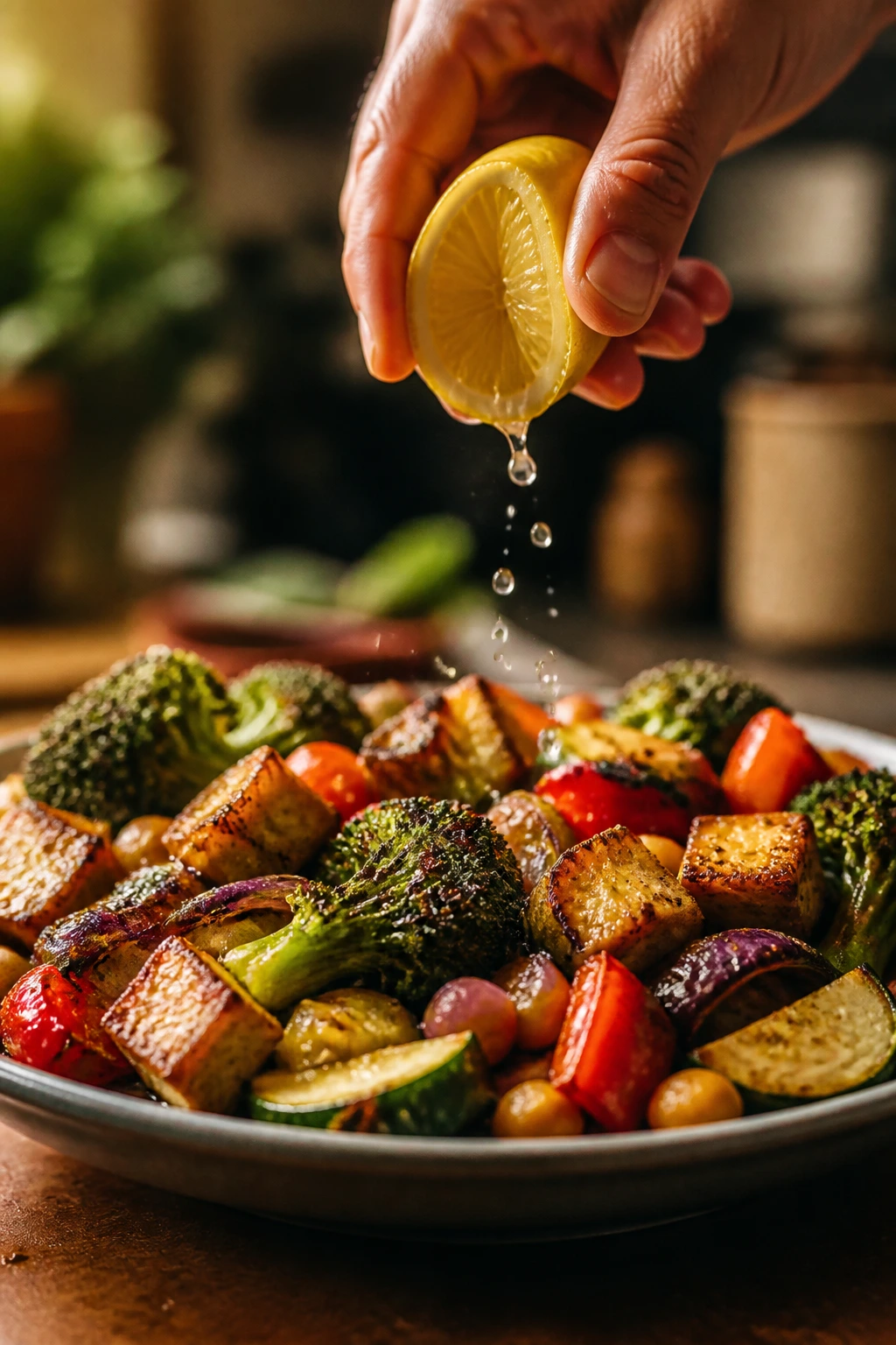 Hand squeezing lemon over a crisp vegan dish to highlight finishing move