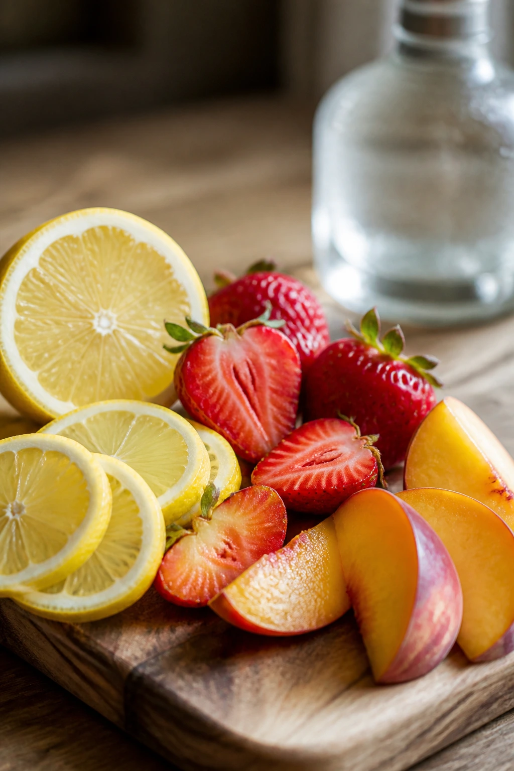 Close-up of lemon, strawberry, and peach ingredients on a wooden board