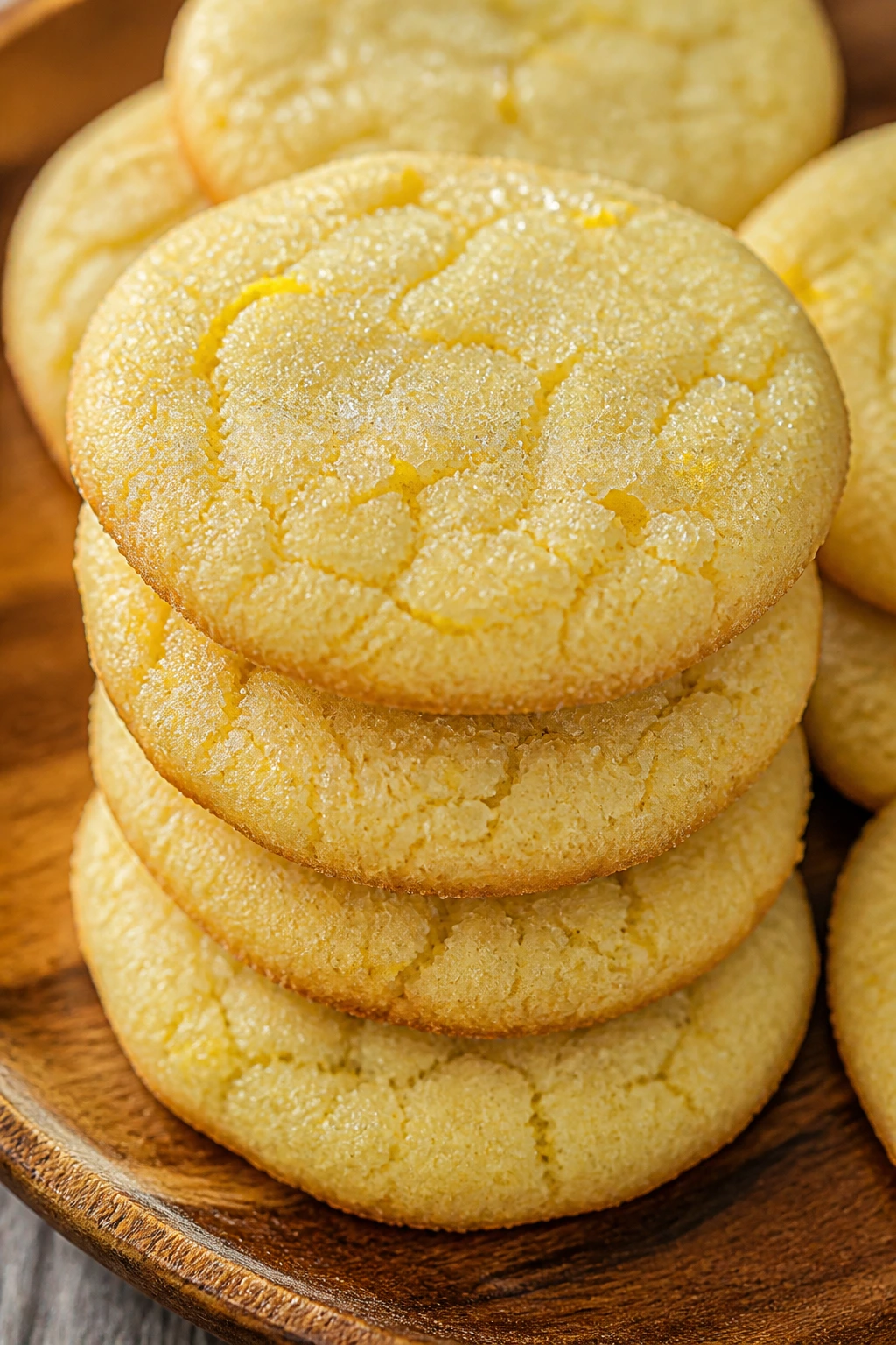 Close-up of lemon sugar cookies stacked with sugar crystals