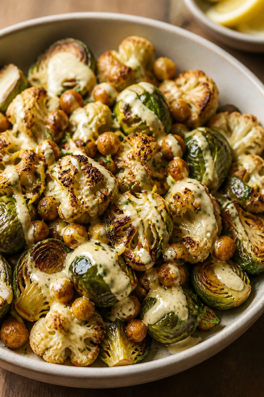Close-up of a roasted brassica bowl with lemon-tahini drizzle