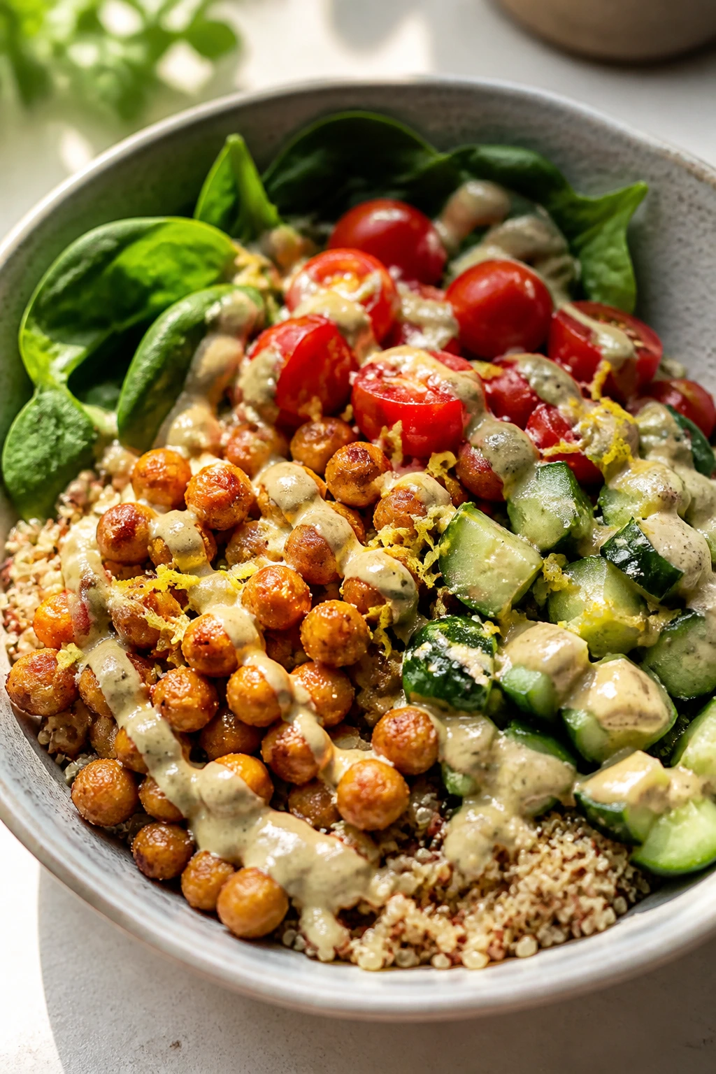 Close-up of Lemon Tahini Chickpea Quinoa Bowl with quinoa, chickpeas, cucumber, tomatoes in bright kitchen