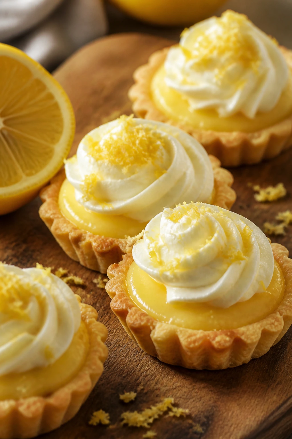 Close-up of Lemon Cloud Tartlets with lemon frosting on a rustic board