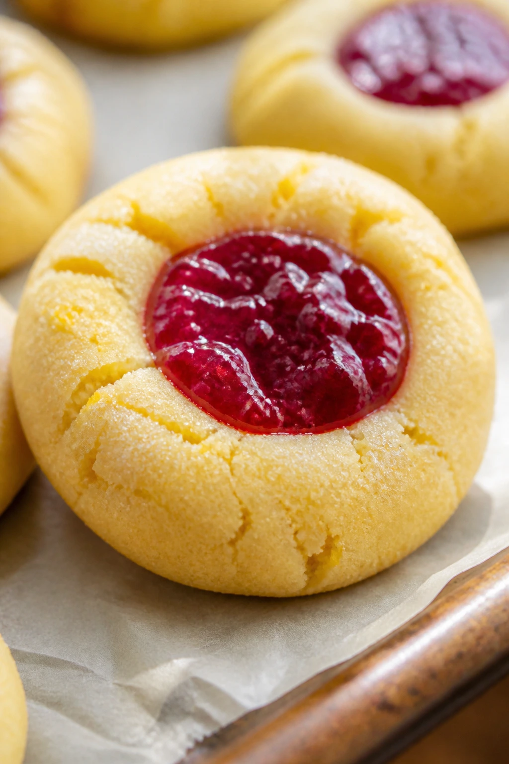 Close-up of lemon thumbprint cookie with raspberry jam center on parchment