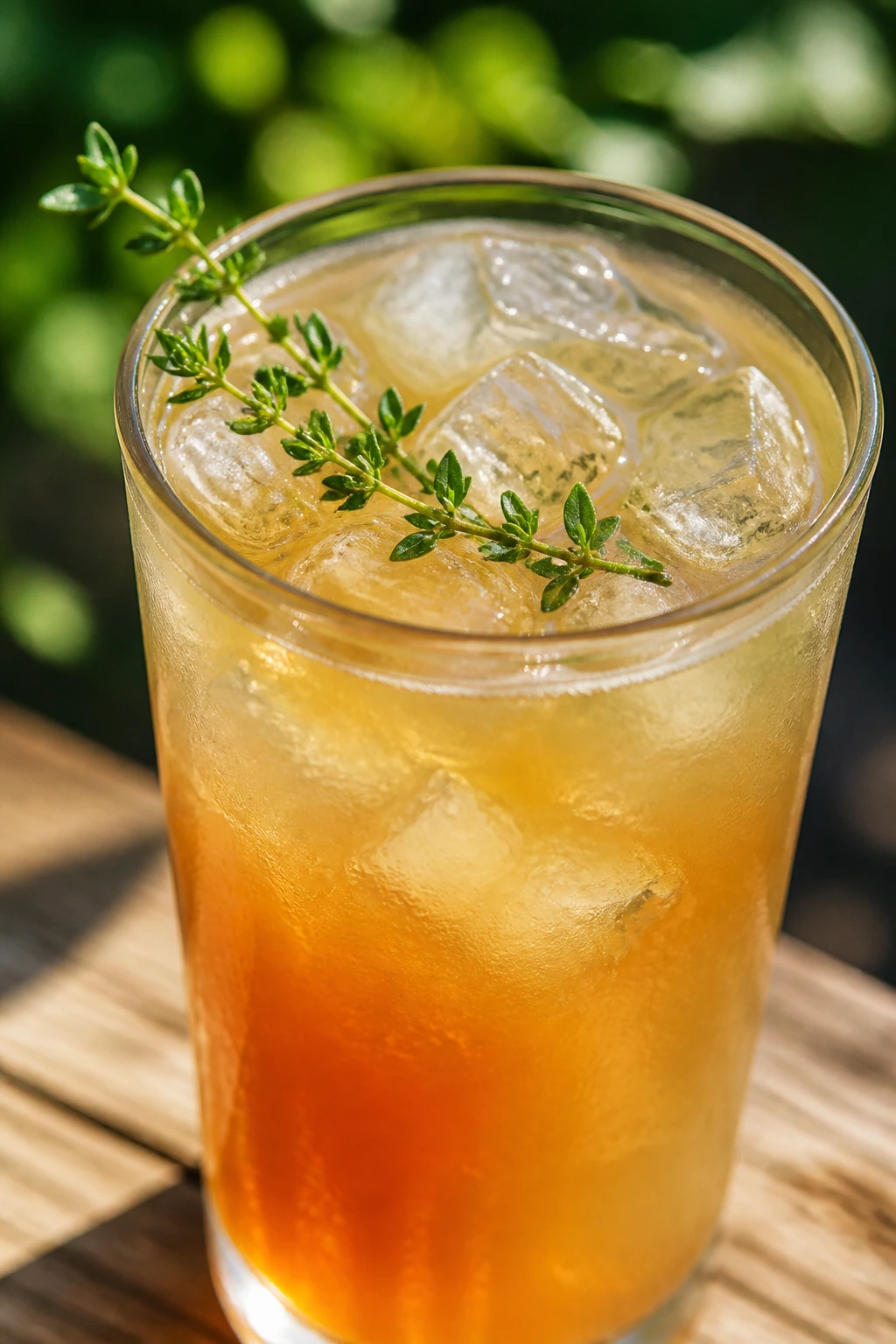 Close-up of Lemon Thyme Arnold Palmer in a glass on a picnic table