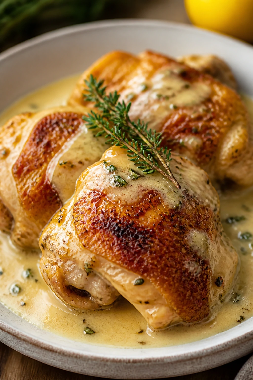 Creamy Lemon Thyme Chicken Thighs with a silky sauce and thyme