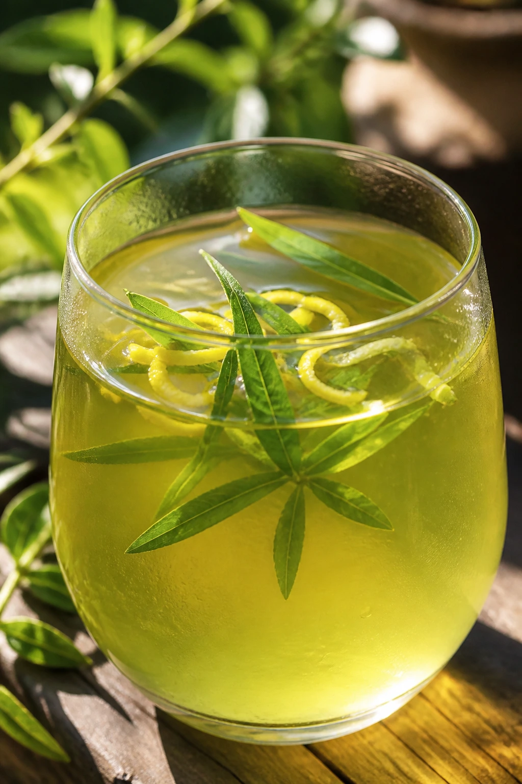 Close-up of lemon verbena green tea with leaves and lemon zest in glass