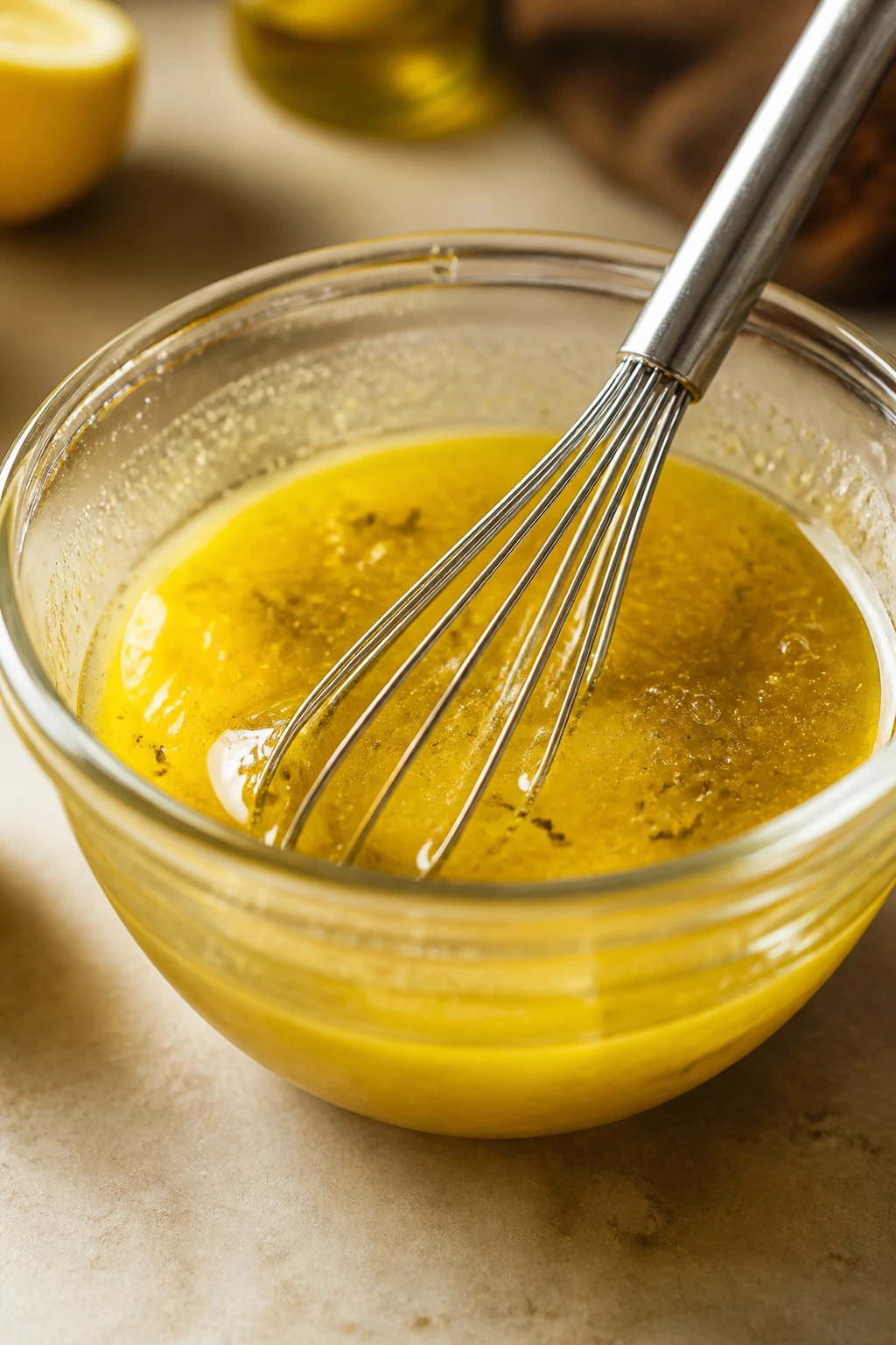 Glossy lemon vinaigrette in glass bowl ready to coat greens