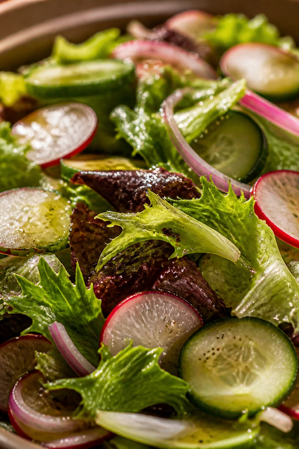 Close-up of greens with glossy lemon-Dijon vinaigrette