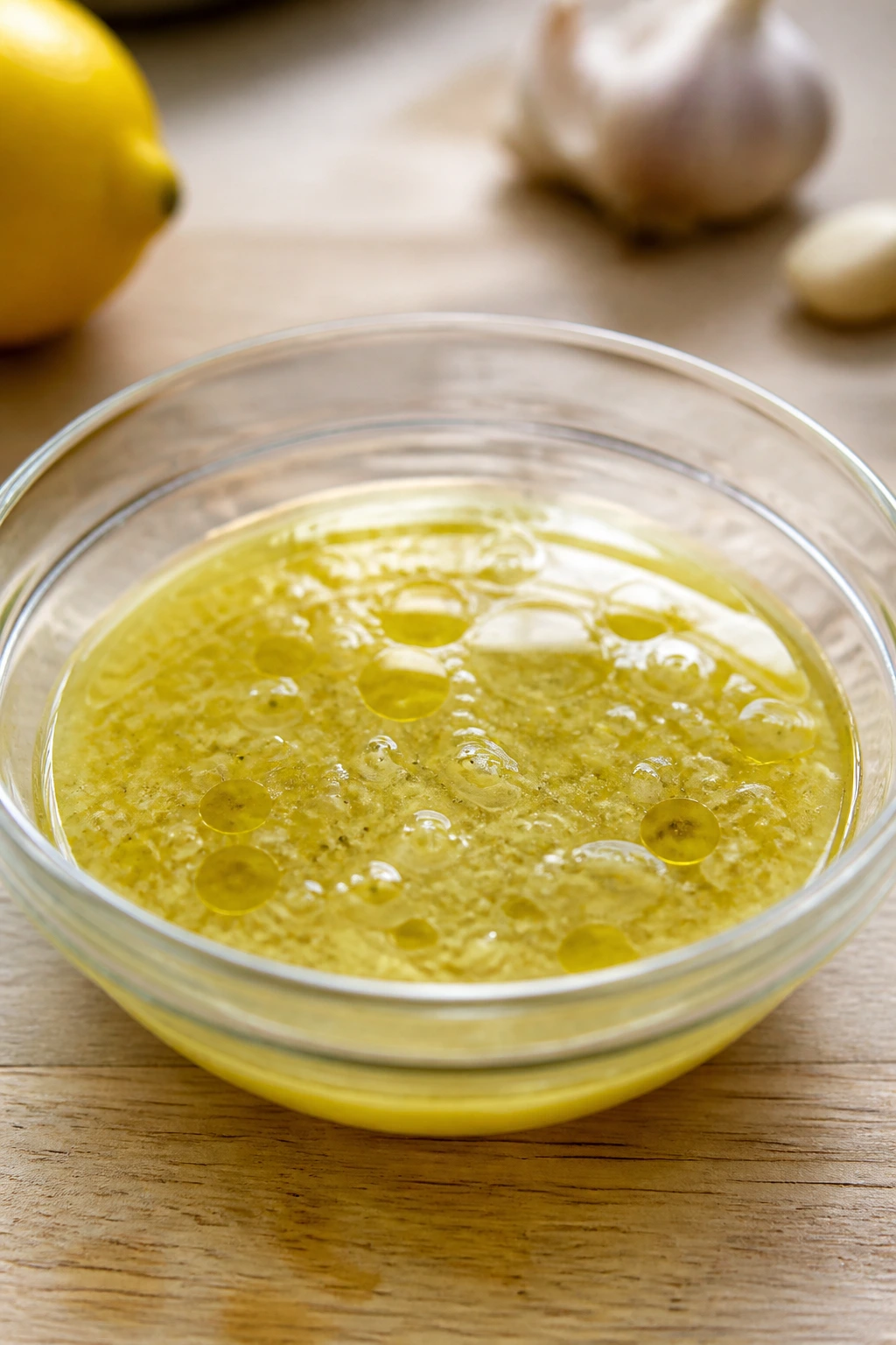 Bright lemon vinaigrette in glass bowl on wooden counter