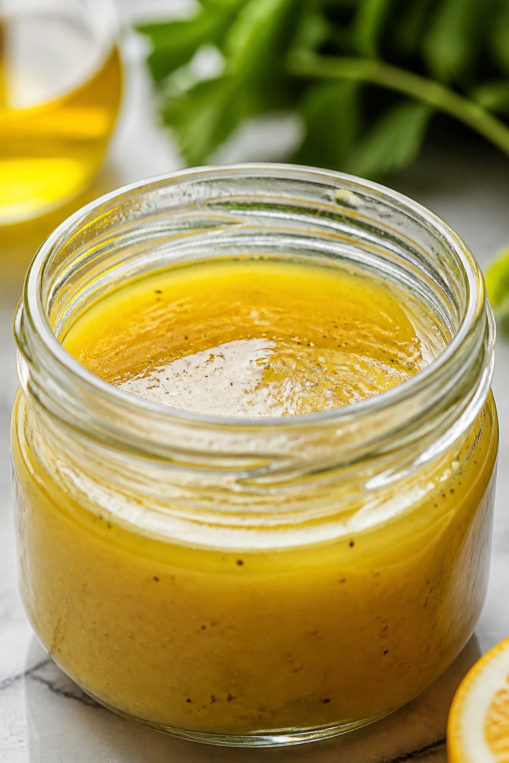 Close-up of a glass jar with emulsified lemon vinaigrette ready to dress greens