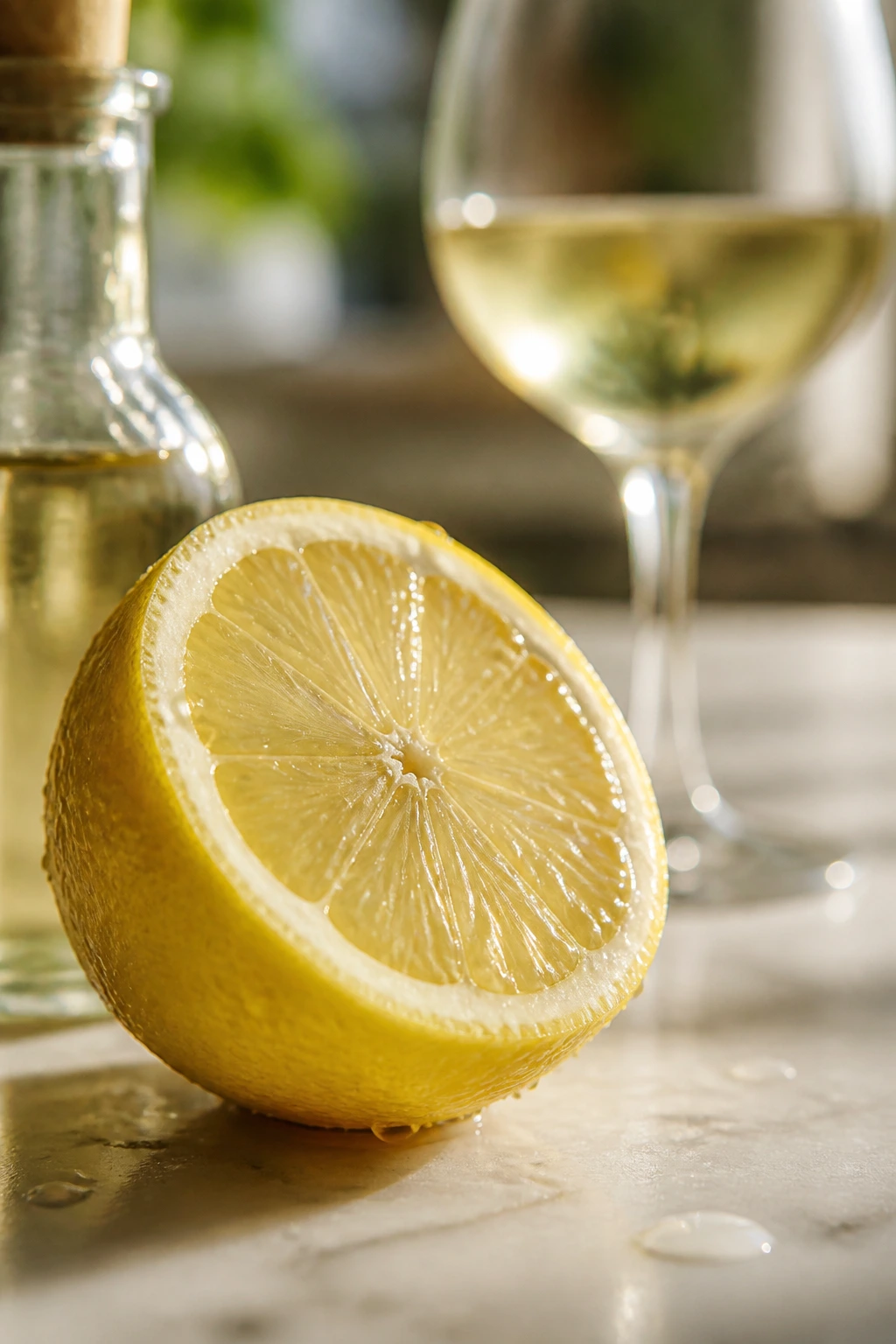 Lemon half with wine in bright kitchen setting