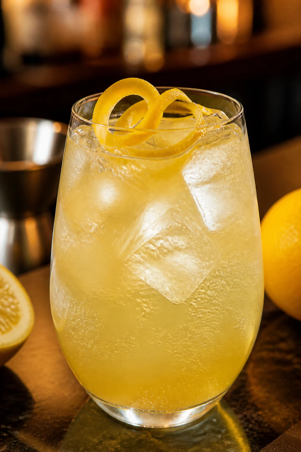 Lemon vodka sparkler in a chilled cocktail glass with lemon twist