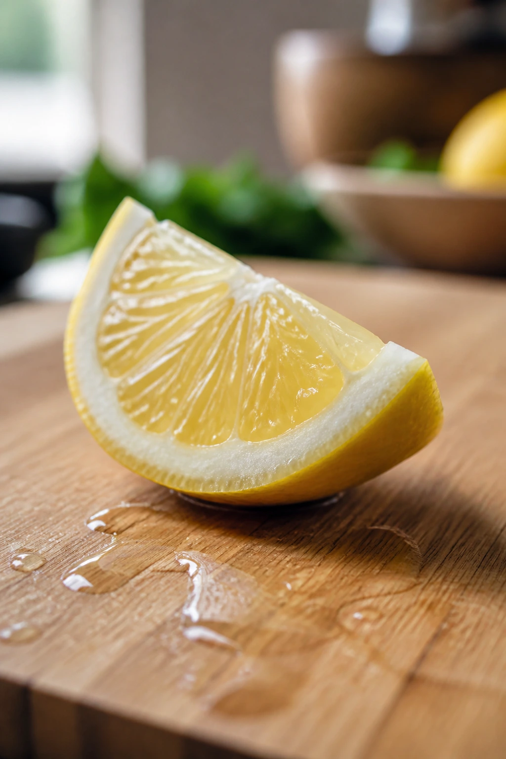 Lemon wedge with juice droplets on wooden board