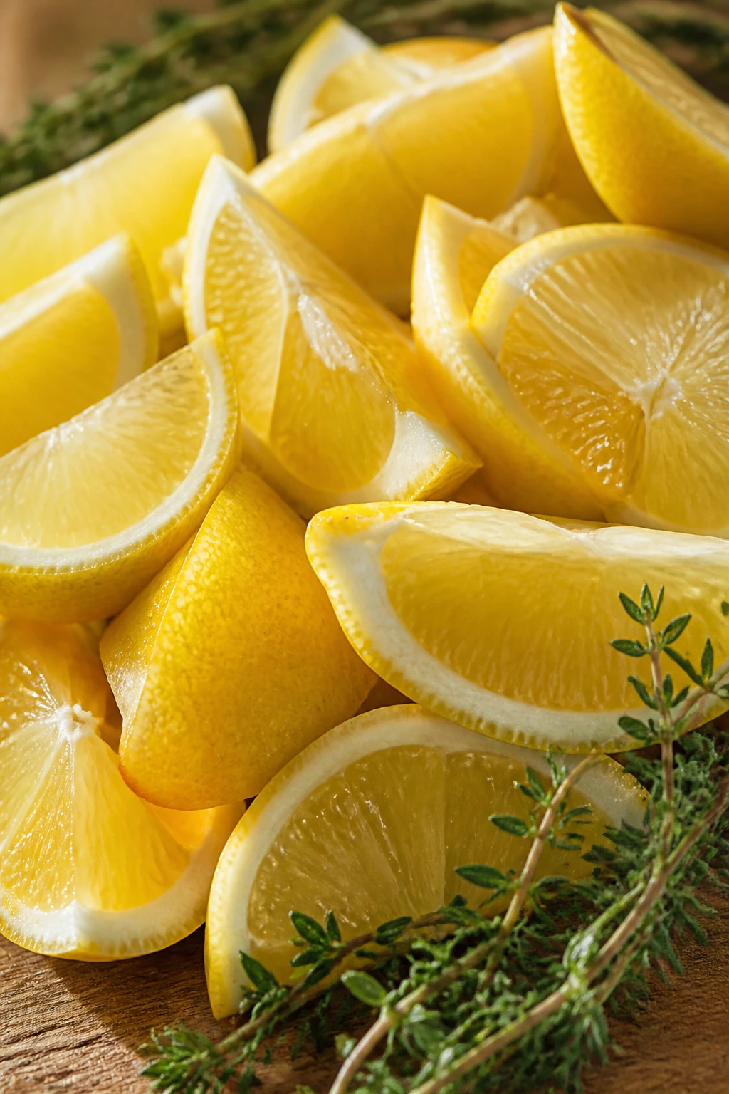 Lemon wedges on wooden board with herbs