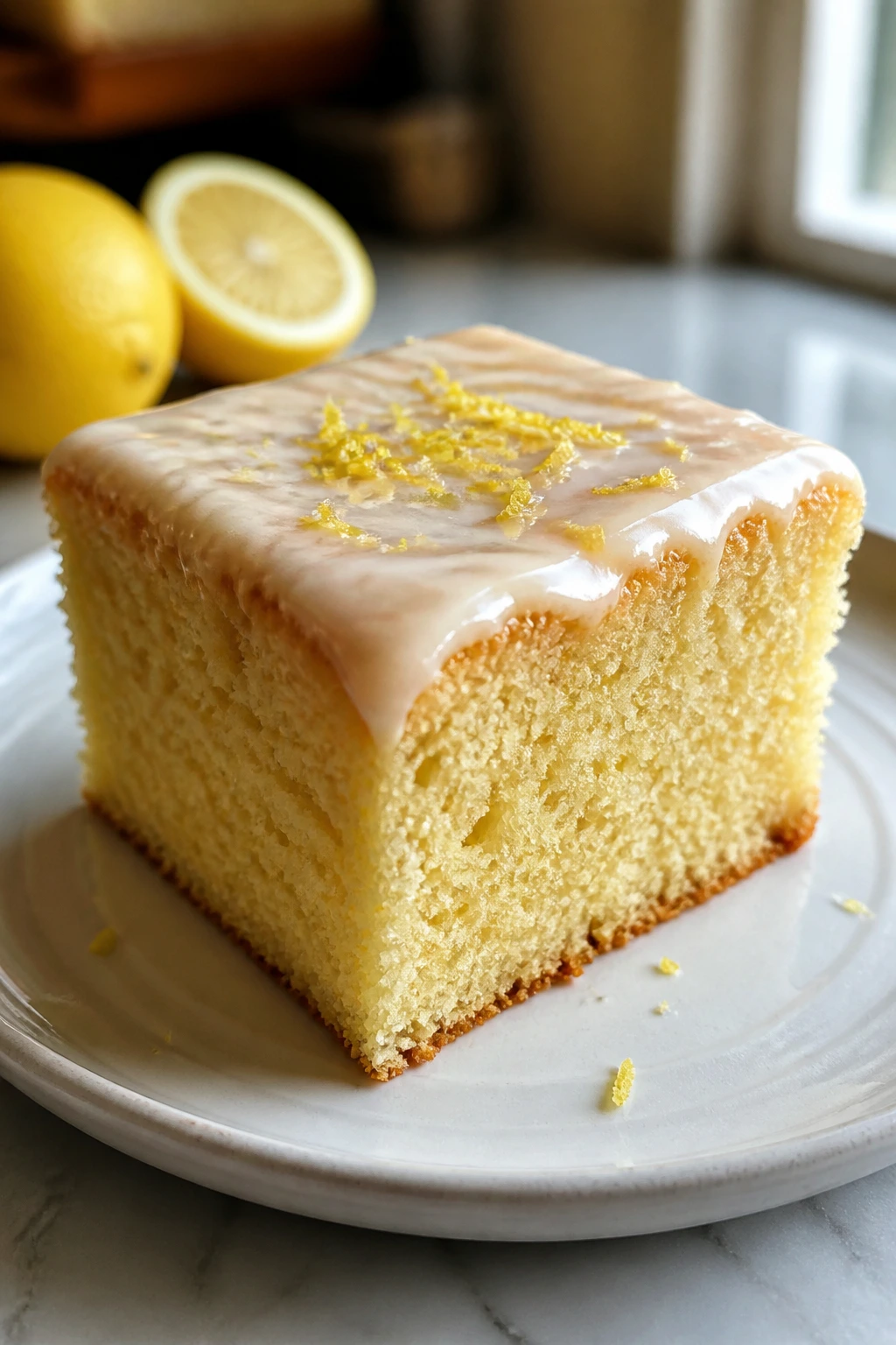 Close-up of a lemon yogurt snack cake square on a plate with a subtle glaze and lemon zest.