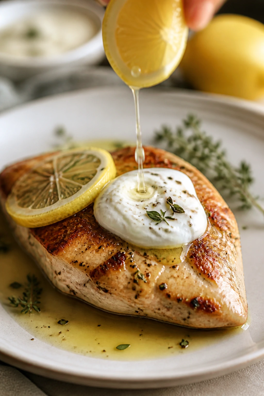 Seared chicken with lemon drizzle and yogurt dollop on plate.