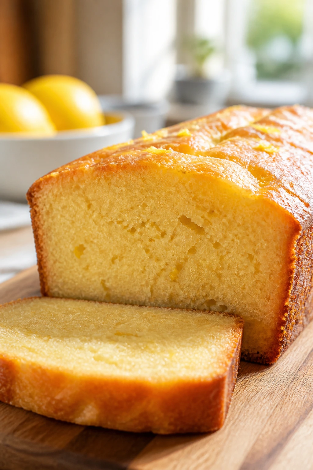 Close-up of lemon yogurt loaf slice with zest on a wooden board in warm kitchen light