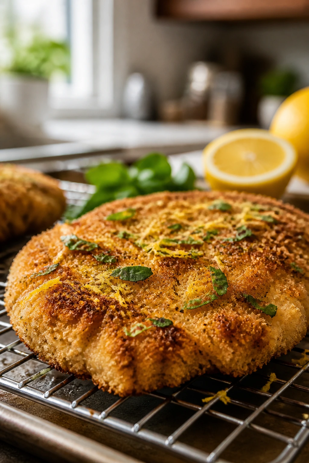Breaded chicken cutlet with lemon zest and basil in the crust.