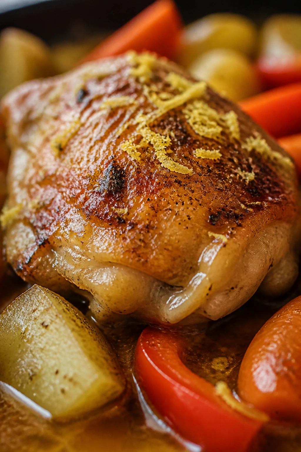 Chicken thigh with lemon zest over pan juices and vegetables
