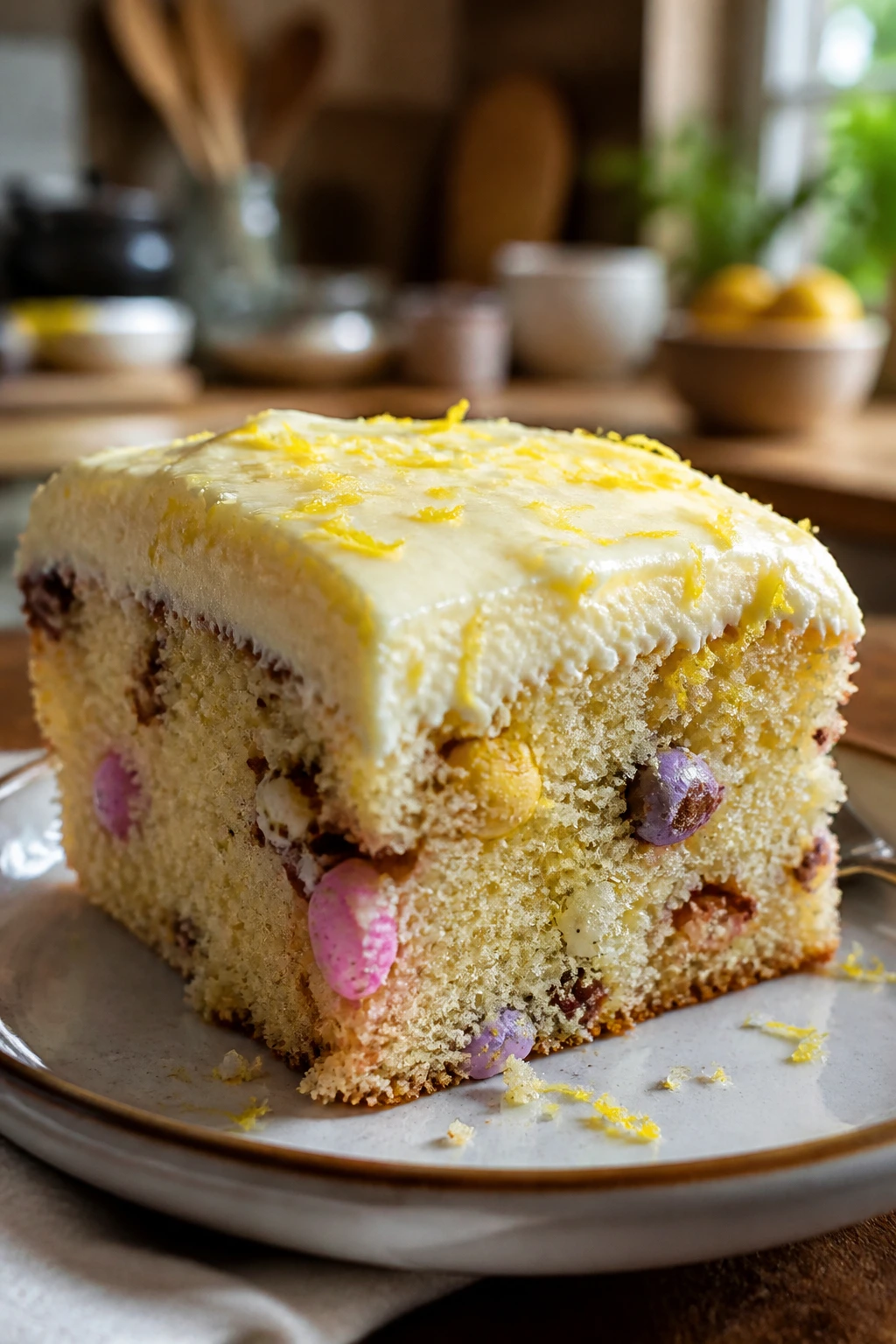 Cake slice with lemon zest variation on pale frosting