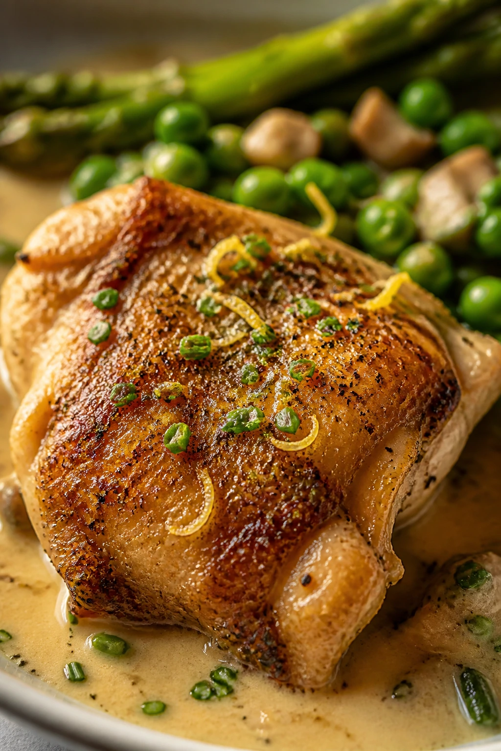 Chicken with lemon zest and herbs on plate