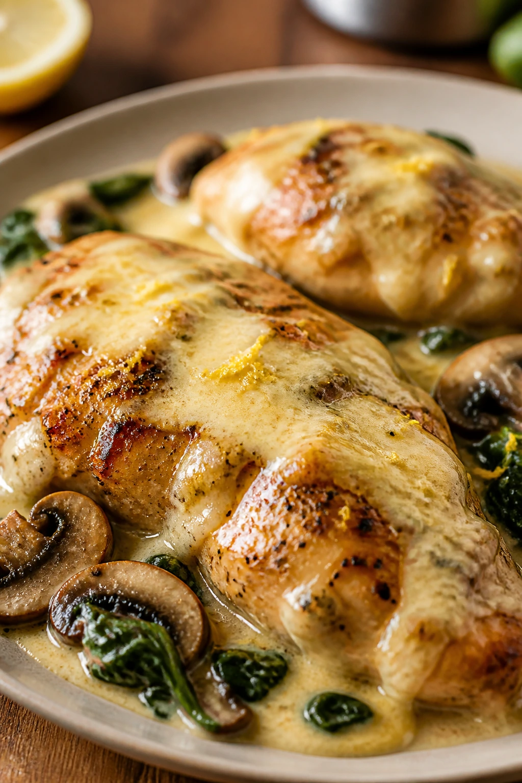 Close-up of tender cheesy chicken with lemon zest and cheese sauce