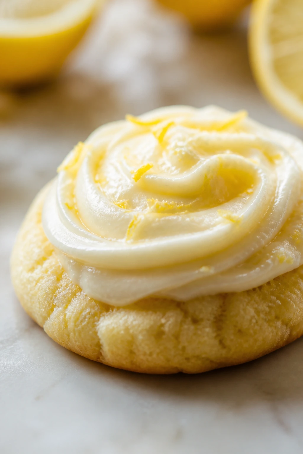 Close-up of a soft lemon zest cloud cookie with frosting