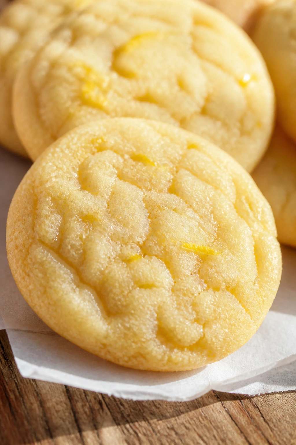 Close-up of lemon zest sugar cookie with visible zest on parchment