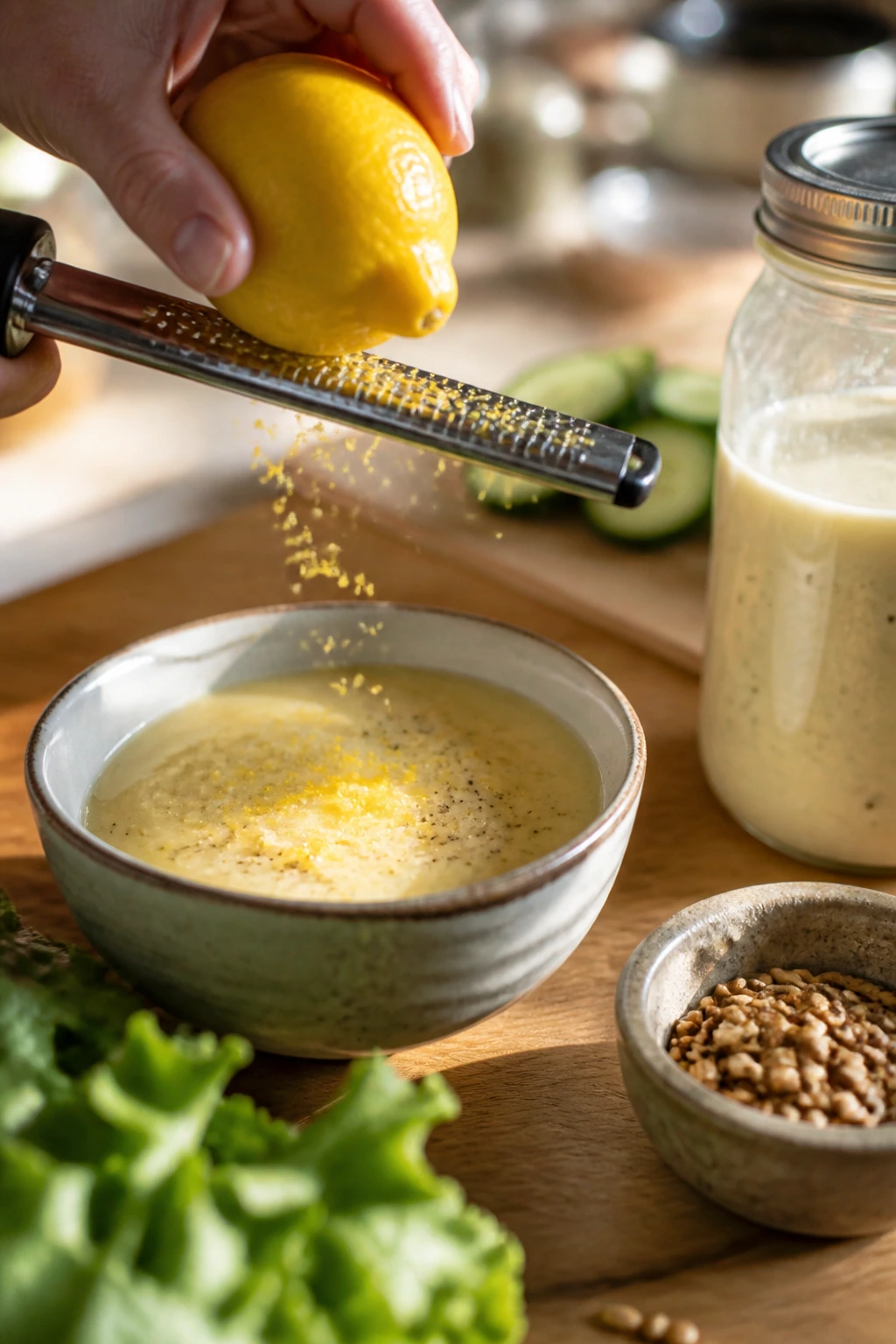Macro shot of lemon zest grated into dressing with jar and seeds nearby